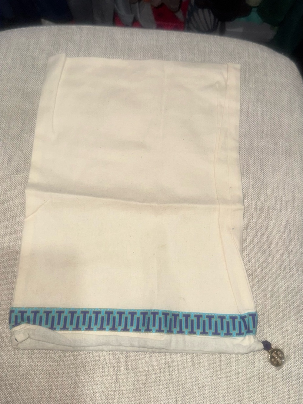 Tory Burch Cream Drawstring Dust Bag with Blue Trim